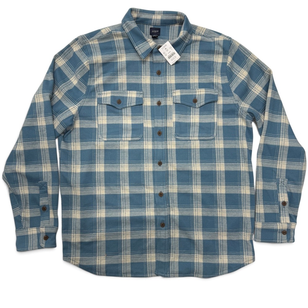 J Crew Double Knit Work Flannel Button Down Shirt Men Large Blue Cream Plaid NWT